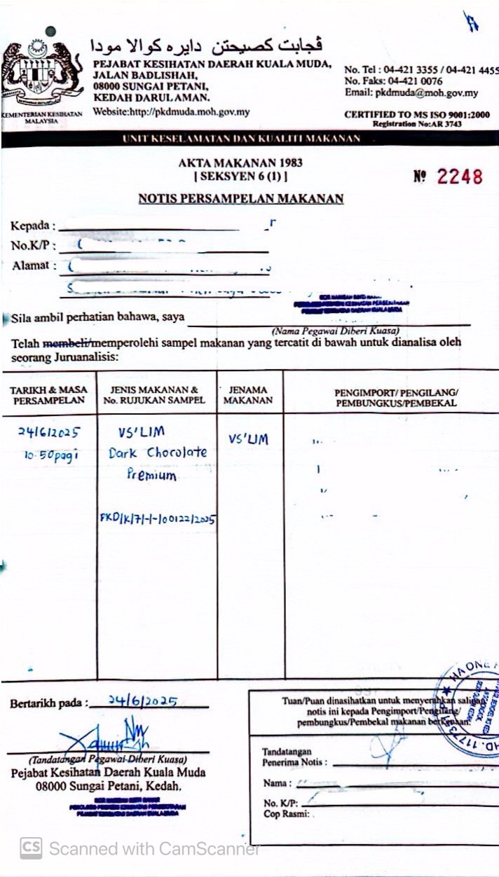 Notis Persampelan Makanan - VSlim Dark Chocolate Premium